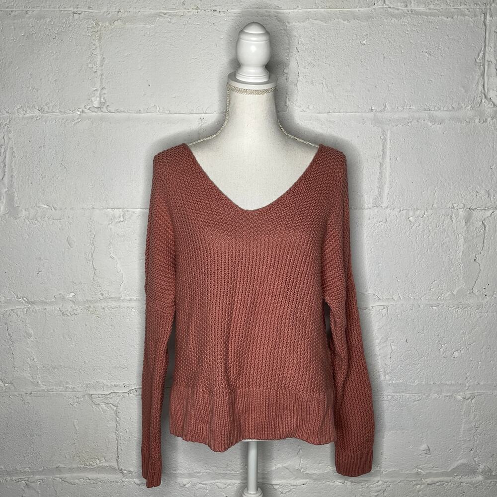Lucky Brand Woman's Popcorn Knit Ribbed Side-slit Pink V-Neck Sweater Sz Medium